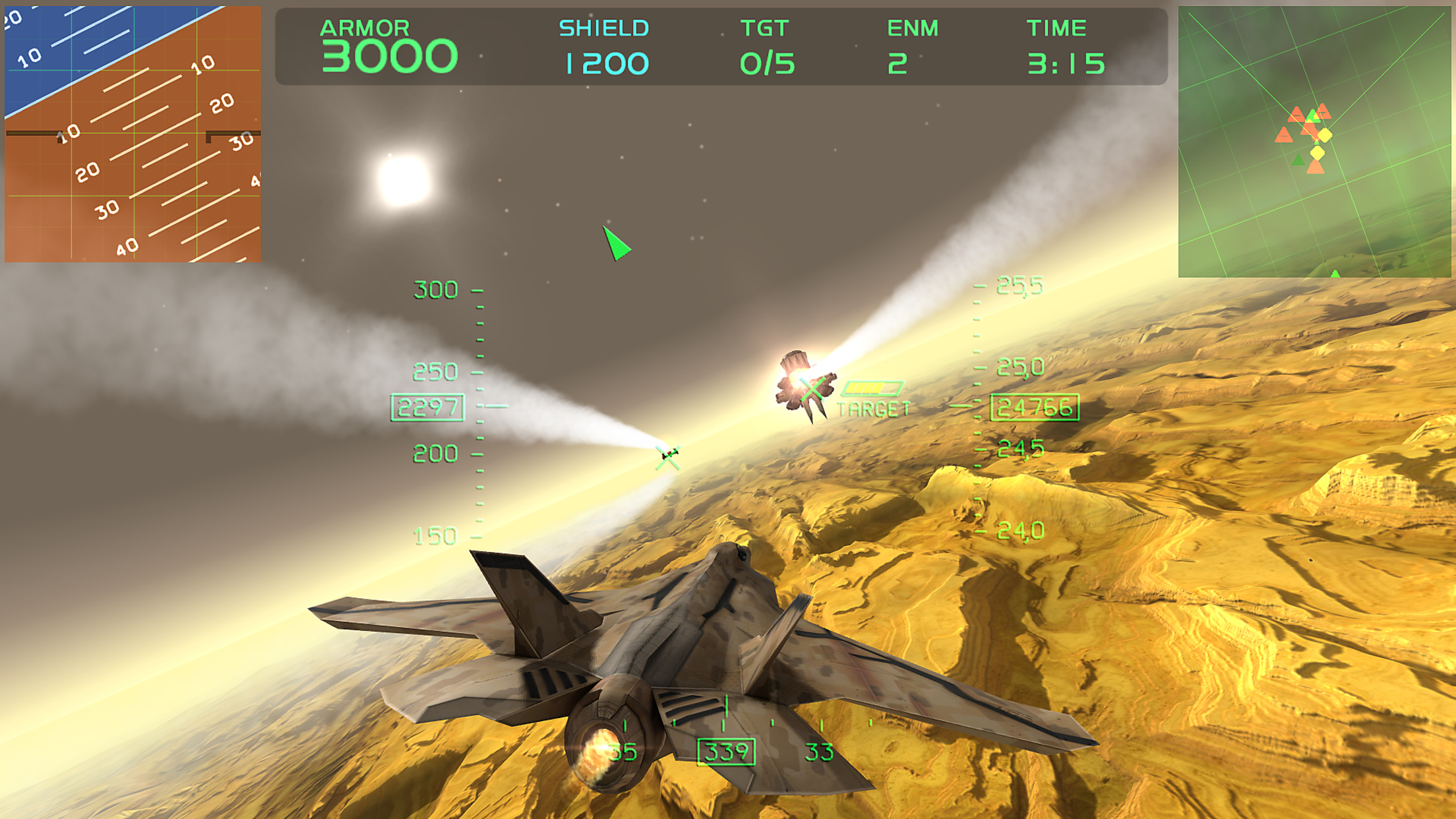 Fractal Combat X jet flying over a desert landscape